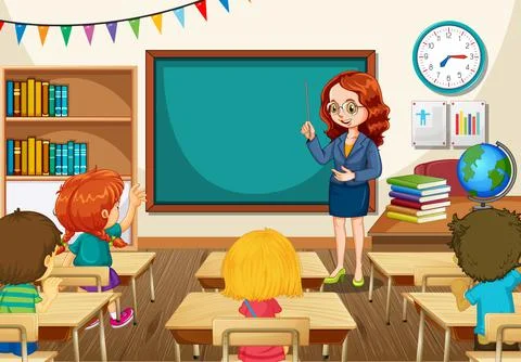 Teacher teaching students in the classroom scene Stock Illustration