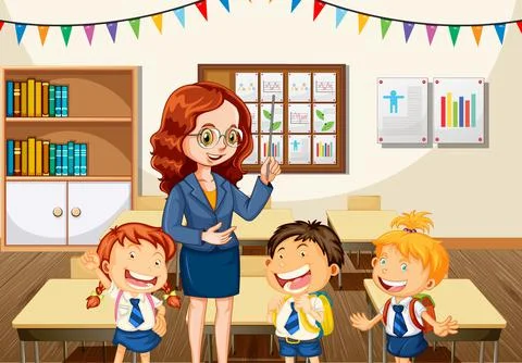 Teacher teaching students in the classroom scene 스톡 일러스트