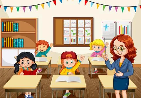 Teacher teaching students in the classroom scene 스톡 일러스트