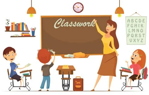 Teacher Teaching Students In Classroom, World Book Day, Back to school, Stati Stock Illustration