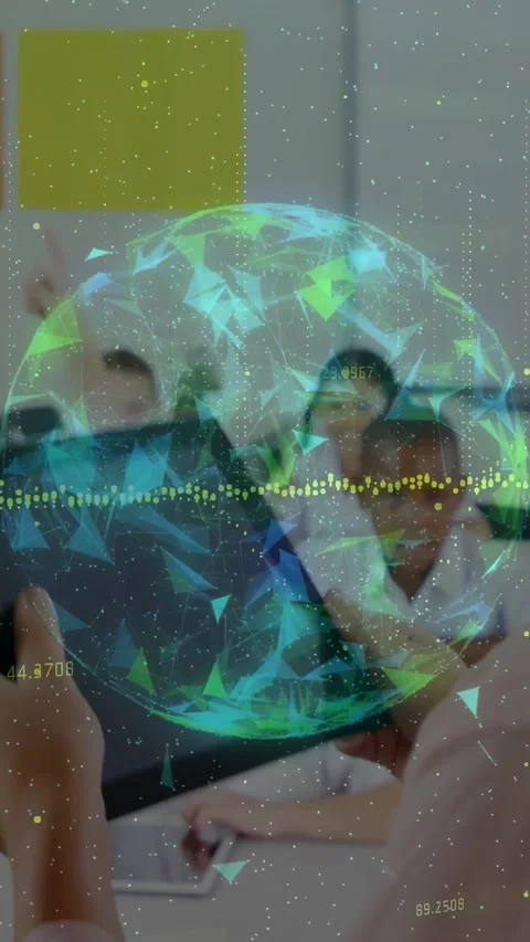 Teacher tilting tablet and rotating holographic globe on lens for teaching, Stock Footage 330430209