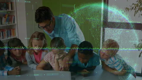 Teacher touching laptop initiating waveform and glowing globe demonstrating Stock Footage 313355026