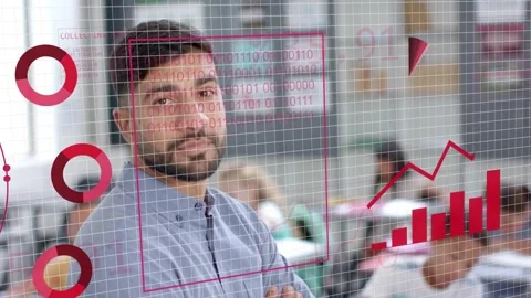 Teacher turning forward as magenta globe sliding in, grid and charts growing for Stock Footage 333287788