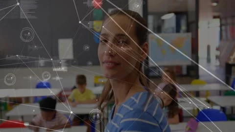 Teacher turning while scanning student work, integrating HUD nodes and rings for Stock Footage 331757167