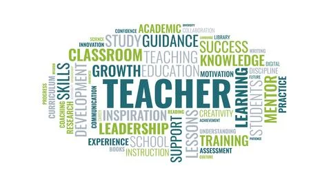 Teacher typography word cloud illustration with education keywords on white.. Stock Illustration