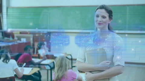 Teacher uncrossing arms board while tech overlaying pulsing torso boosting Stock Footage 316186280