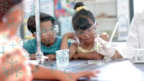 Teacher using pipette in science class girl leaning, reacting, chem graphics Stock Footage 333936599