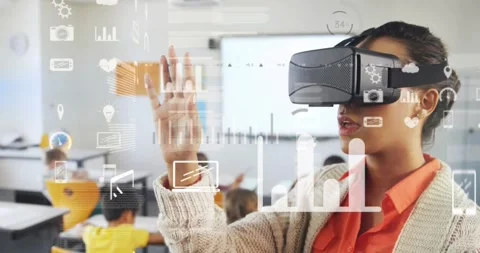 Teacher using VR headset aligning tablet, tapping target, gesturing and moving Stock Footage 330540857