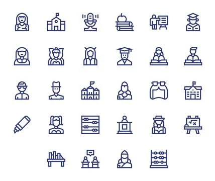 Teacher Vector Icon Set with 28 Bold Line 64x64 Detail Enhanced Graphics Stock Illustration