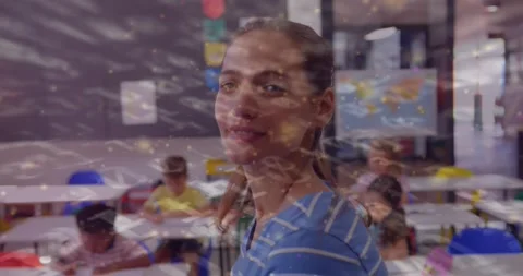 Teacher walking into class checking papers, ripple across frames highlighting Video stock 330981209