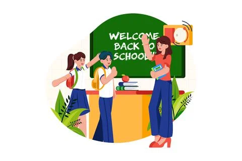 Teacher welcomes students into the class Stock Illustration