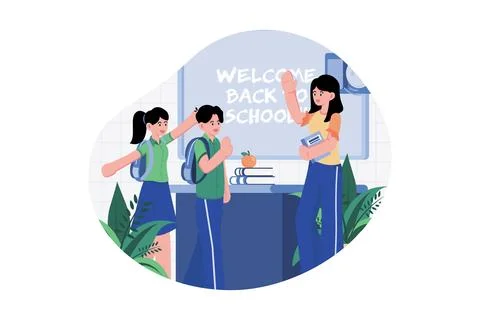 Teacher Welcomes Students Into The Class Stock Illustration