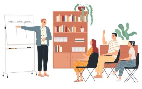 Teacher at whiteboard in class with students Stock Illustration
