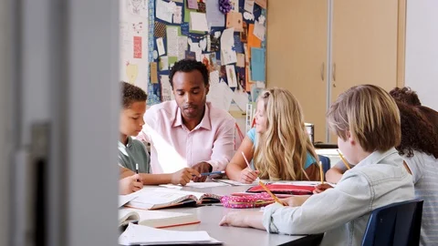 Teacher working with elementary school kids at their desk Stock Footage 96006783