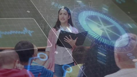 Teacher writing math problems in classroom as HUD overlay appearing and student Stock Footage 316186127