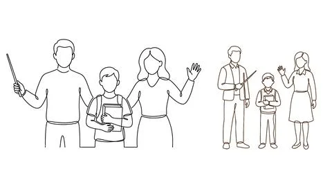 Teachers and students standing together in a simple line art illustration Stock Illustration