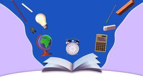 Teachers day concept with educational elements floating above a book Stock Illustration