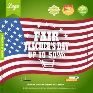 Teacher's Day fair vector poster with white text, american flag, labels, sh.. Stock Illustration