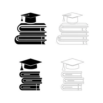 Teachers Day Icon Set Stack of Books with Graduation Cap in Solid and Outli.. Stock Illustration