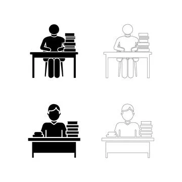 Teachers Day Study Icon Set Student at Desk with Books Silhouette and Outli.. Illustrazione stock