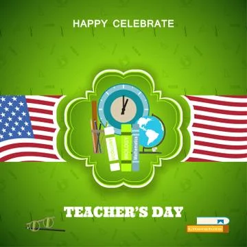 Teacher's Day vector poster with green label, shadow, paper stripe with ame.. Stock Illustration