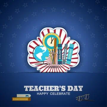 Teacher's Day vector poster with label, shadow and blue paper ribbon on the.. Stock Illustration