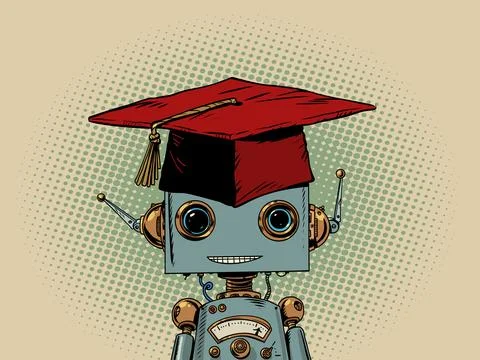 Teaching AI knowledge. Robot in a student's hat, professor's hat. Red diploma Stock Illustration