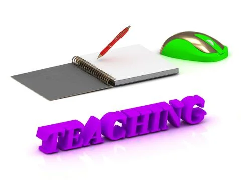 TEACHING bright volume letter and copybook with red and computer mouse on whi Stock Illustration