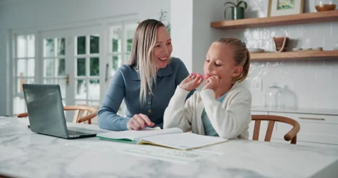 Teaching, child or learning with happy mom in home for education, assessment or Stock Footage 337759915
