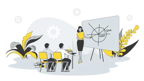 Teaching concept in flat design with people. Woman teacher explain lesson and Stock Illustration