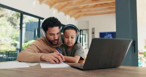 Teaching, dad and kid in home for online learning, writing and language Stock Footage 335189724