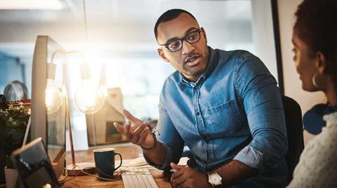 Teaching, designer or manager on computer for web design training, startup Foto stock