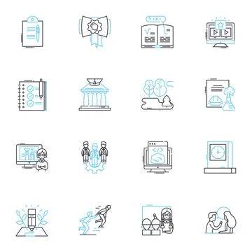 Teaching elements linear icons set. Curriculum, Pedagogy, Classroom, Instruction Illustrazione stock