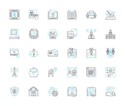 Teaching elements linear icons set. Curriculum, Pedagogy, Classroom, Instruction Stock Illustration