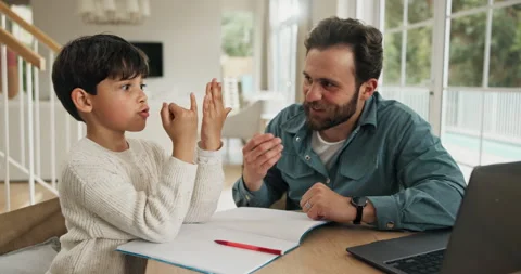 Teaching, father or child count in family home, studying problem solving or find Stock Footage 318795476
