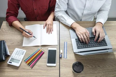 Teaching helping and study course, Team of young teacher or tutor helps stude Stock Photos