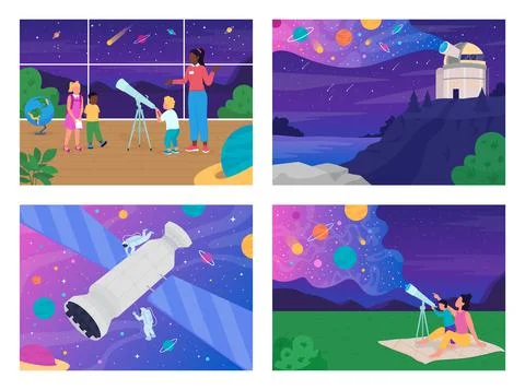 Teaching interesting science facts flat color vector illustration set Illustrazione stock