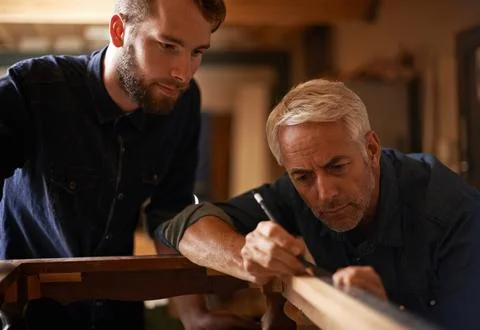 Teaching, learning and carpentry apprentice and help with pencil in designer Stock Photos