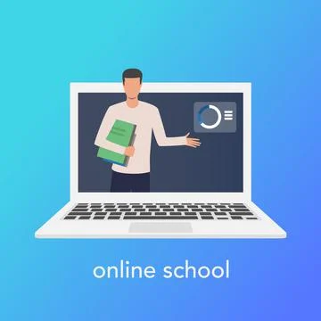Teaching online concept for online school. Vector laptop on blue background Stock Illustration