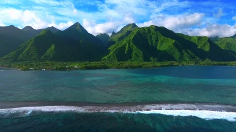 Teahupo'o surf wave waves aerial drone harbor view Tahiti village of town Stock Footage 340964502