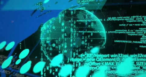 Teal 3D globe rotating, starting when blue brush sweeping, readouts appearing, Stock Footage 320896356