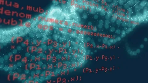 Teal 3D mesh initiating wave motion overlaying scrolling red code text Stock Footage 325964964