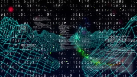 Teal 3D wireframe mesh rising through peaks and valleys, cascading binary code Stock Footage 307461695