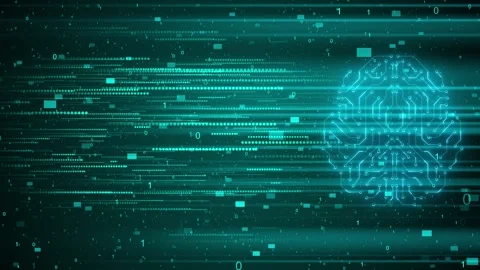 Teal AI circuit brain binary data, dotted streams, glowing processor outline Stock Footage 340456144