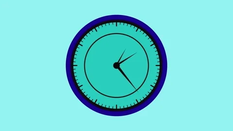 Teal analog clock with blue rim and black hands on a light blue background .. Stock Footage 337566952