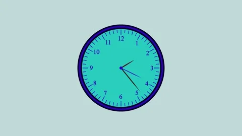 Teal analog clock with blue rim and numbers on a light gray background time.. Stock Footage 337566954