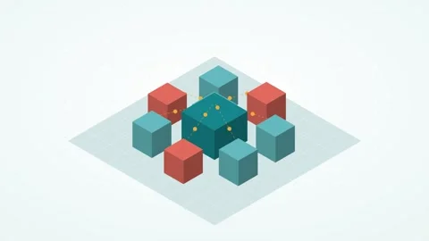 Teal and amber isometric connected network animation, seamless loop with no text Stock Footage 346258047