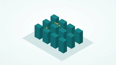 Teal and amber isometric data center animation, seamless loop with no text Stock Footage 346257963