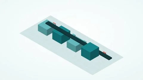 Teal and amber isometric processing pipeline animation, seamless loop Stock Footage 346258099