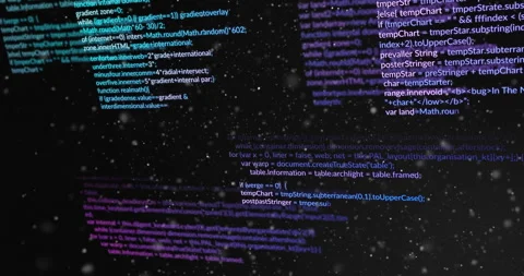 Teal and purple code snippets appearing, drifting, fading and overlapping in 3D Stock Footage 313494629